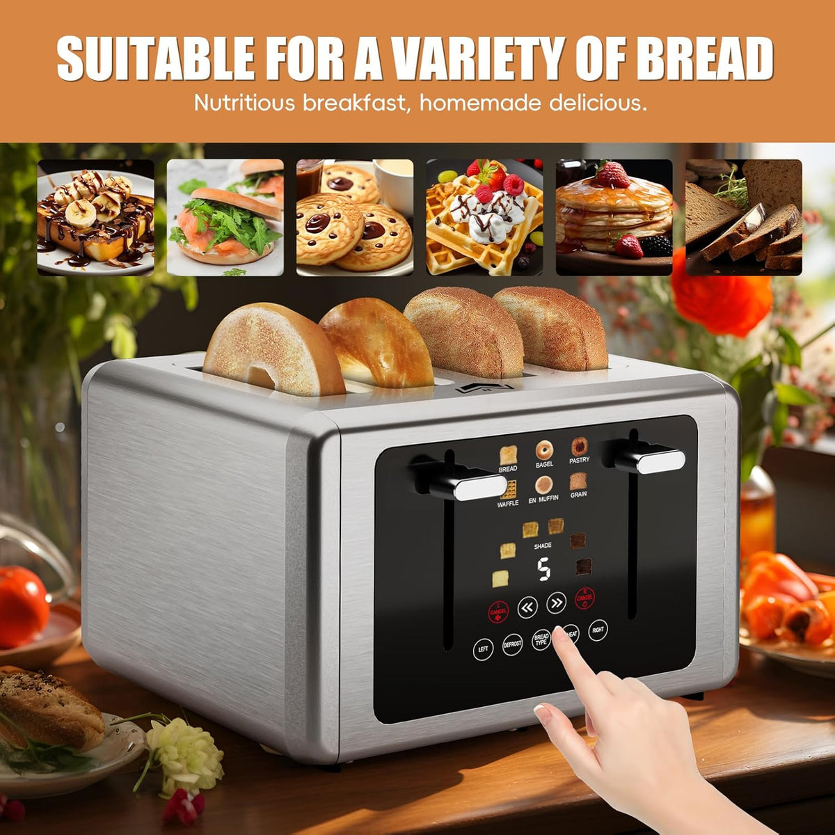 4 Slice Toaster, Touchscreen & Dual Independent Control Panel，5 Basic Functions & Digital Countdown Toasters, 6 Shade Settings＆6 Bread Types, Smart Bread Maker Mute/Screen-Off,Platinum