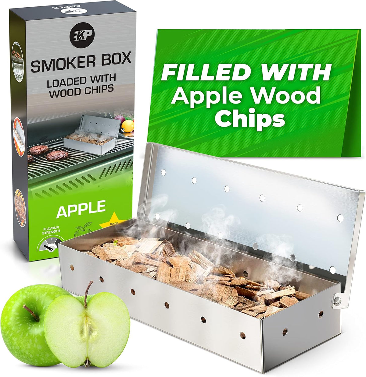 KITCHEN PERFECTION Smoker Box For Gas Grill - Bbq Wood Chip Smoker Box Pre-Filled with Apple Wood Chips -Adds Delicious Smokey Flavor on Propane & Pellet Grill