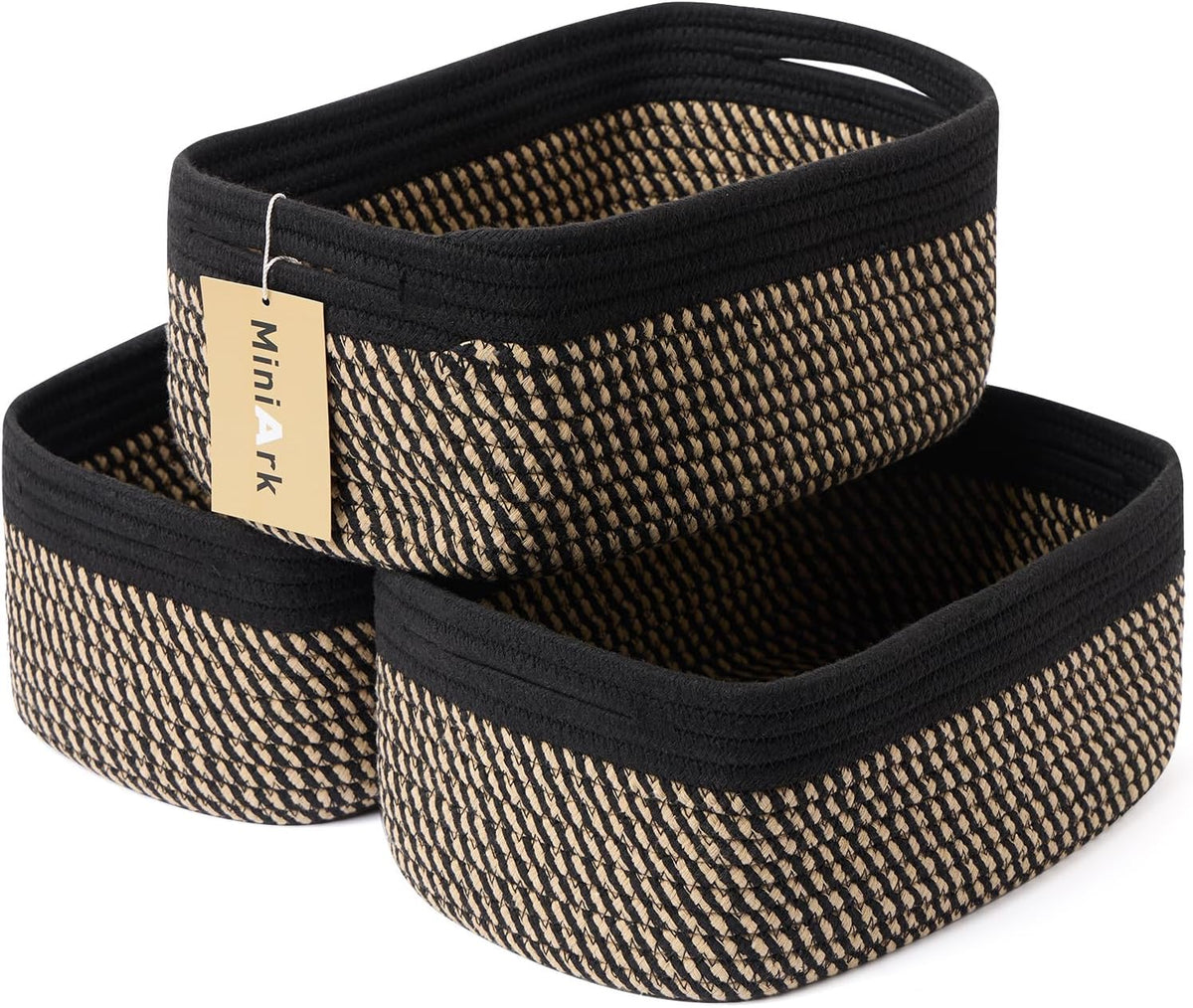 Small Storage Baskets for Organizing | Closet Organizer Bins | Shelf Toy Basket | Woven Rope Baskets | Cube Decorative Box | Shallow Basket | 13x8.5x5.1” | 3 Packs Black Brown