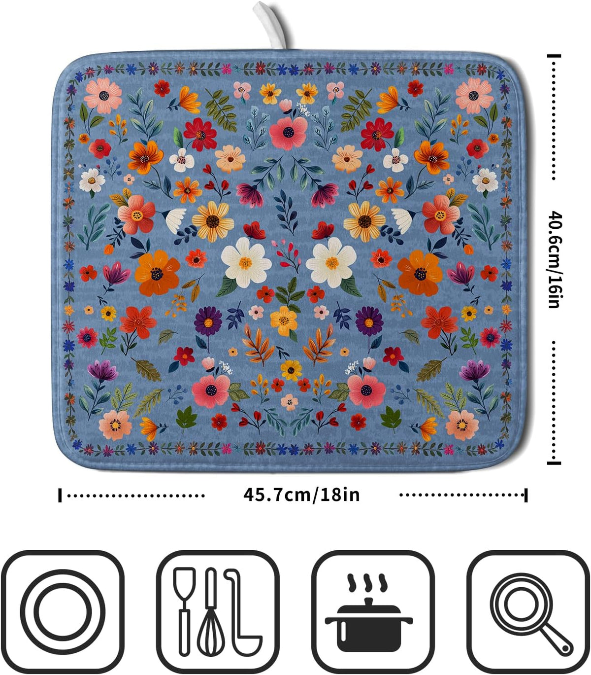 Lovely Flowers Dish Drying Mat - Blue Floral Kitchen Counter Microfiber Drying Pad 16 X 18 for Home Decor