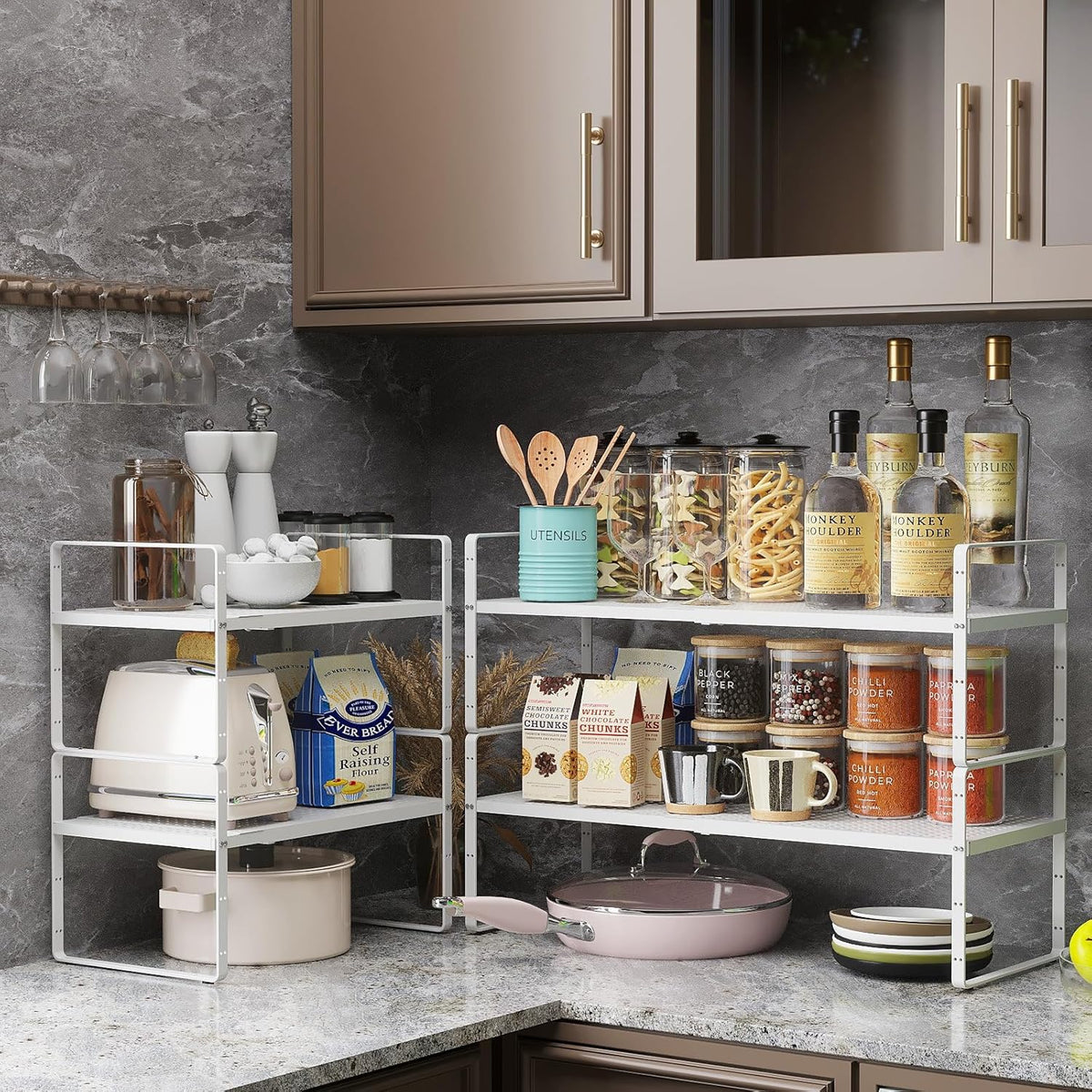 Hole Pattern Expandable Shelf Organizer,2Pack 8.1" Wide Easy to Assemble Cabinet Organizer Shelf, 16.5~27.1" Adjustable Height&Stackable Spice Organization for Cupboard, White