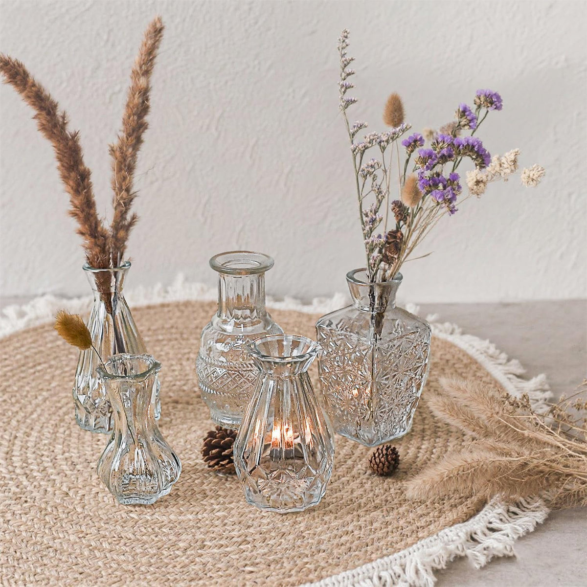 Glass Bud Vase Set of 5 Pcs Small Minimalist Vases for Flowers, Vintage Rustic Home Decor for Table Centerpiece Wedding Party, Modern Clear Aromatherapy Bottle for Living Room Bedroom