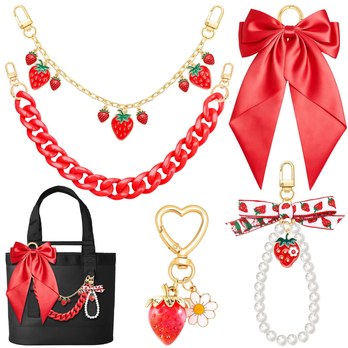 Zkptops 5PCS Tote Bag Decoration Kit Pearl Purse Chain Cute Bow Bag Charms Strap Extender Chain Keychain Charm Accessories for Women Compatible with YETI Camino Bogg Beach Handbag Wallet(Strawberry)
