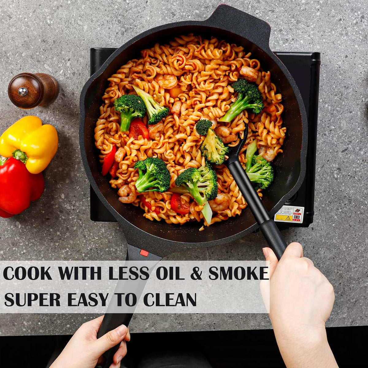 DIIG Nonstick Deep Frying Pan Skillet with Lid, 12 inch/ 5.5 QT Saute Pan with Silicone Spatula, Sauce Cookware Cooking Chef Pans, Cast Aluminum Induction Compatible, Ruby Red