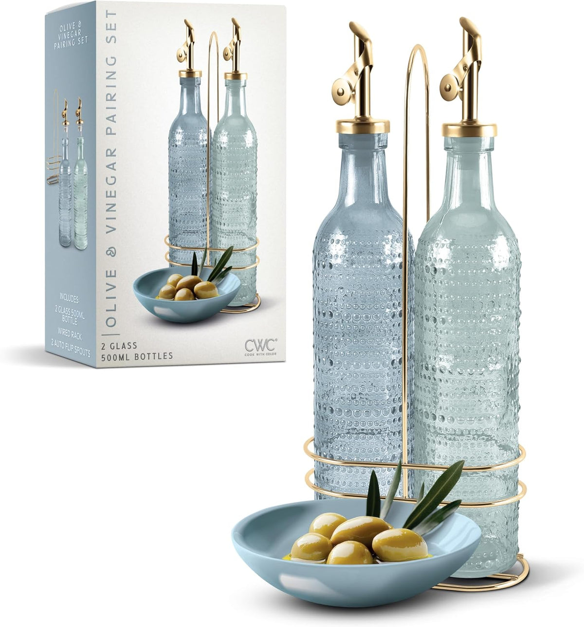 COOK WITH COLOR Glass Olive Oil Bottle Dispenser - 2 Pack- 17oz Oil and Vinegar Cruet - Olive Oil Carafe Decanter for Kitchen