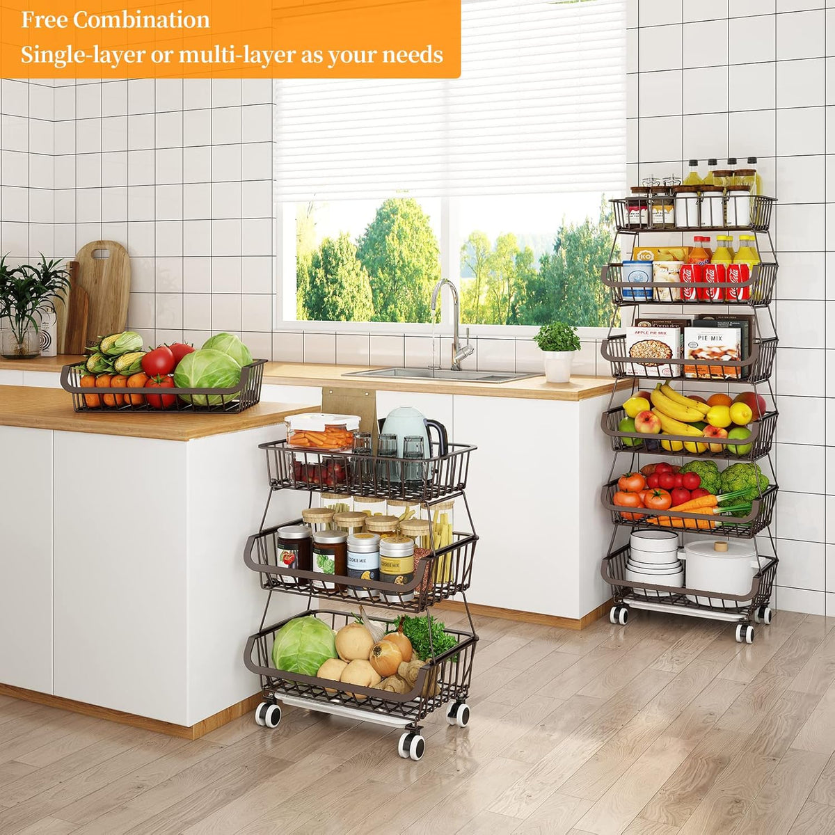 Fruit Vegetable Storage Basket for Kitchen - 6 Tier Stackable Metal Wire Baskets Cart with Rolling Wheels Utility Fruits Rack Produce Snack Organizer Bins for Pantry Bathroom Laundry Bronze