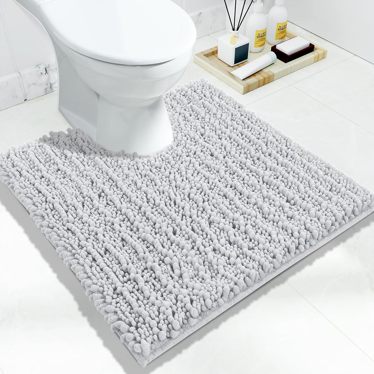 Yimobra Toilet Rug U Shaped Washable 24x20 Inch - Ultra Soft Absorbent Chenille Bath Rugs for Toilet, Quick Dry & Machine Washable, Non Slip Contour Bathroom Mat, Silver