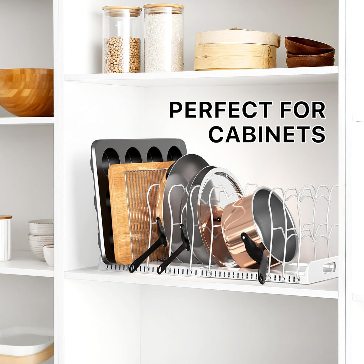 SIMPLE HOUSEWARE Expandable Pan Organizer Rack, 10 Adjustable Compartments, White - Kitchen Cabinet Organizer for Pots, Pans, Lids & Bakeware - Pantry & Countertop Storage