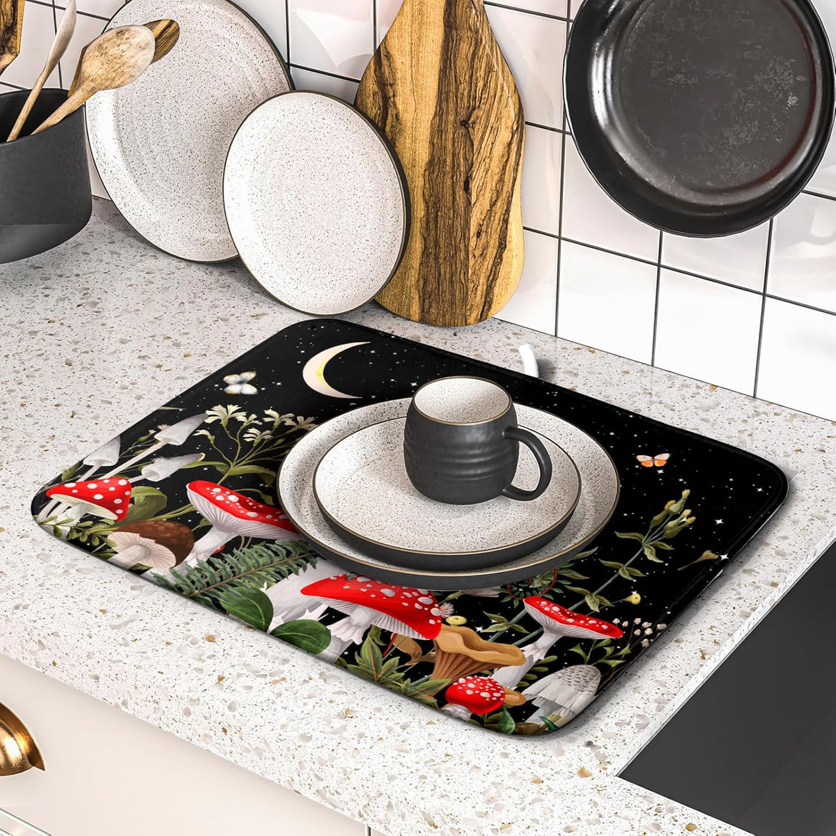 Red Mushroom Dish Drying Mat for Kitchen Counter Plant Leaves Drainer Mats Rack Holder Countertop Absorbent Microfiber Coffee Pads 16x18 Inch