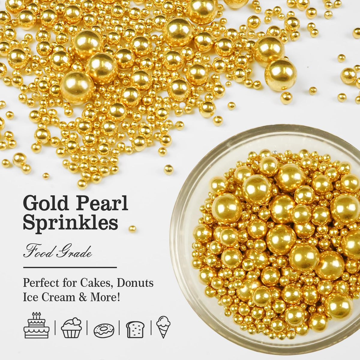 Gold Pearl Sprinkles for Cake Decorating, 150g/5.29oz, Mix Size, Edible Sugar Candy Pearls, Cake Decorations, Cupcake, Cookies, Ice cream Topper, Holiday, Wedding Party, Easter, Christmas Supplies