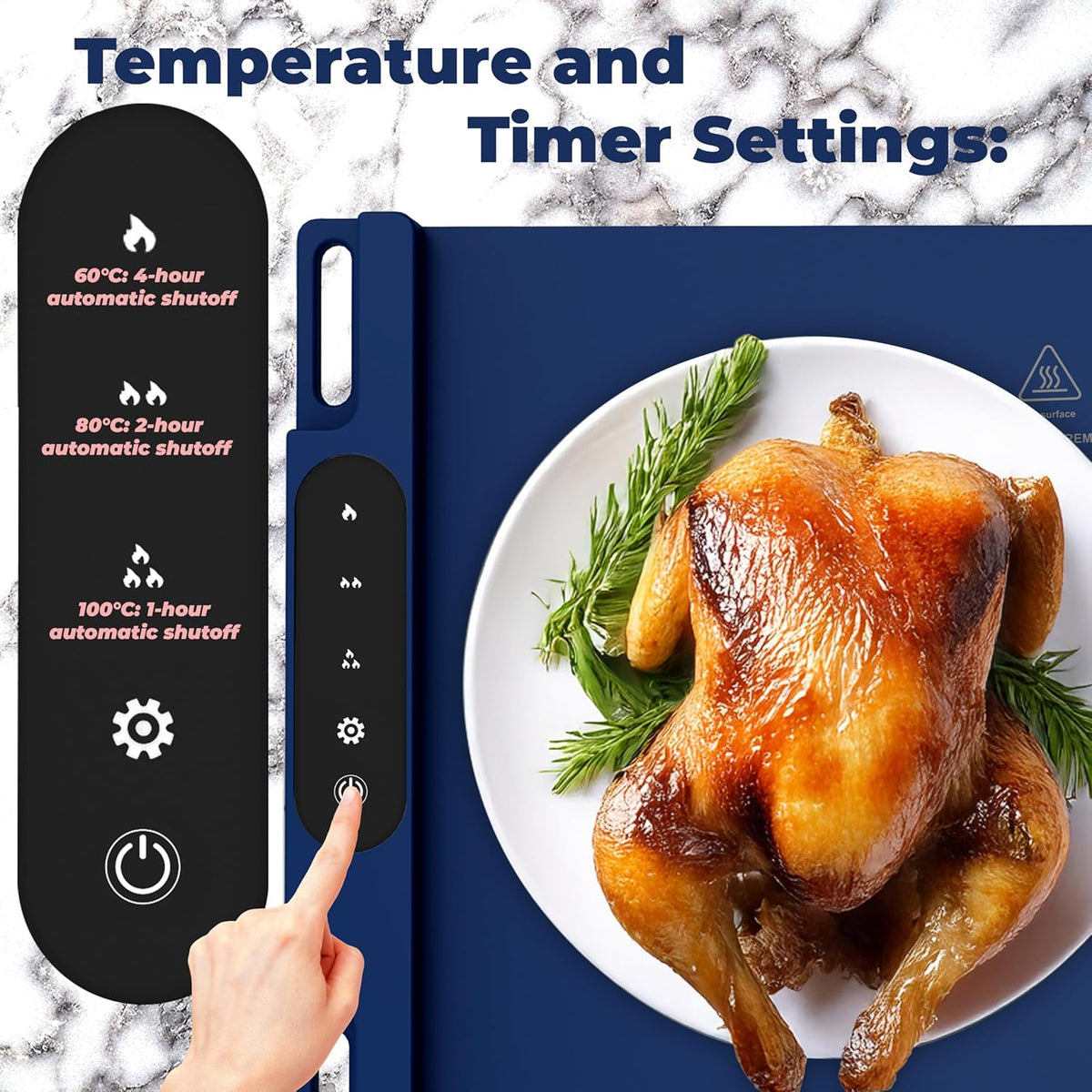 OMEO Food Warming Mat - Electric Warming Tray with 3 Temperature Settings and 1-4 Hours Timer, Full Surface Graphene Food Warmer, Premium Rollable Silicone Heating Mat Food, Gatherings, Parties(Blue)