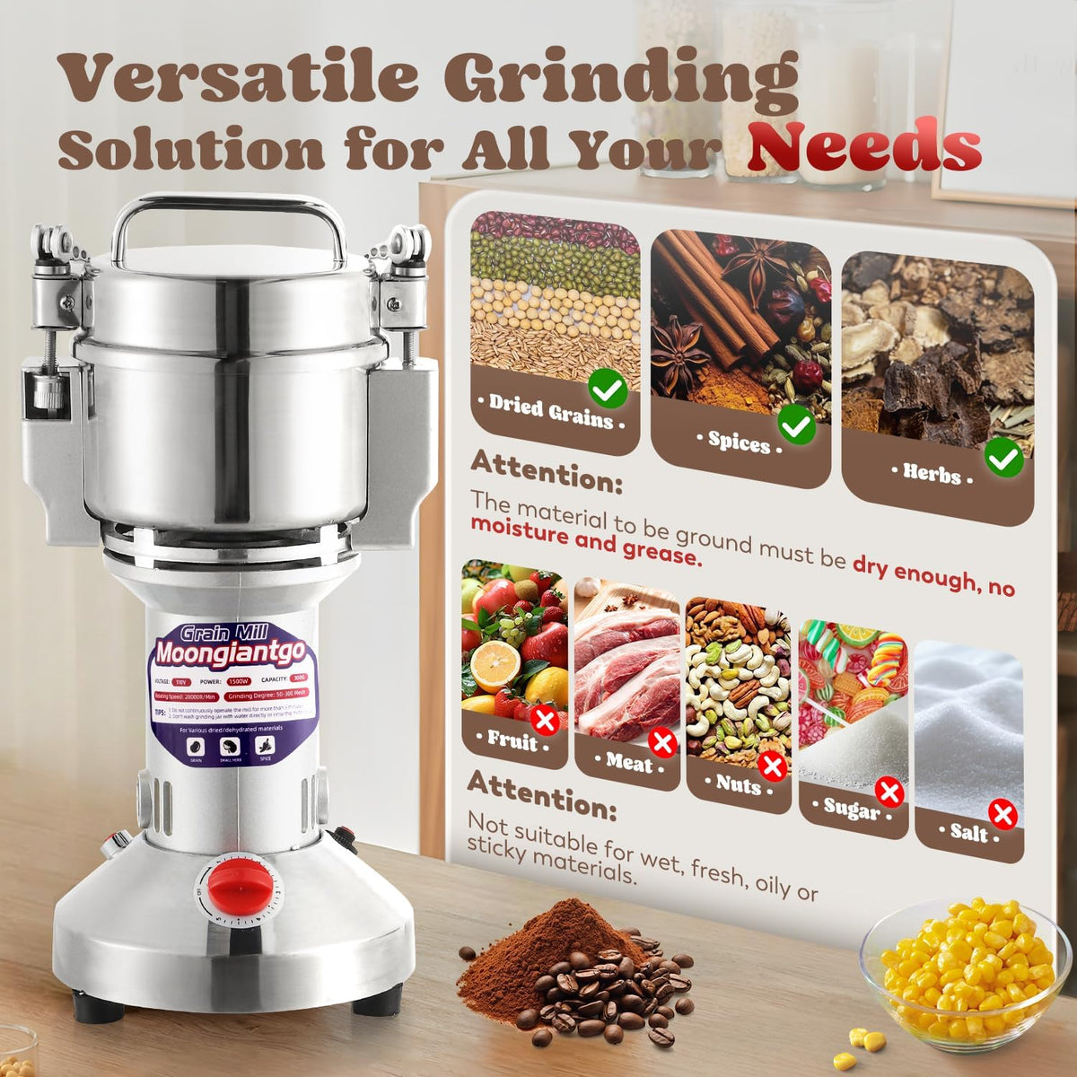 Moongiantgo Grain Mill Grinder Electric 500g Commercial Spice Grinder 2500W Stainless Steel Pulverizer Dry Grinder Grinding Machine (500g Upright, 110V)