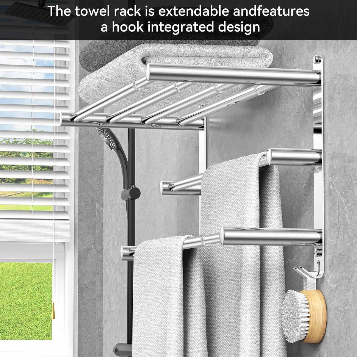 Adjustable Towel Bar for Bathroom Wall Mount17-30.7inch Adhesive Shower Towel Rack Stainless Steel Bath Towel Holders for Toilet Kitchen Double Towel Hanger (3-Layer Towel Rack)