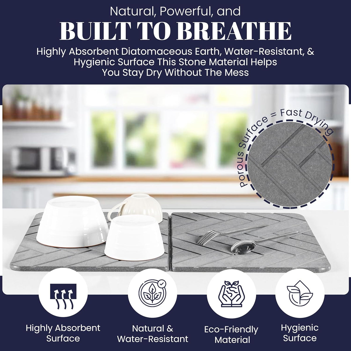 Large Folding Stone Dish Drying Mat for Kitchen Counter – Super Absorbent Diatomite Pad for Dishes, Cups & Bottles – Quick Dry, Space-Saving, Multi-Use Kitchen, Bath & Pet Mat – 23”×15.3”