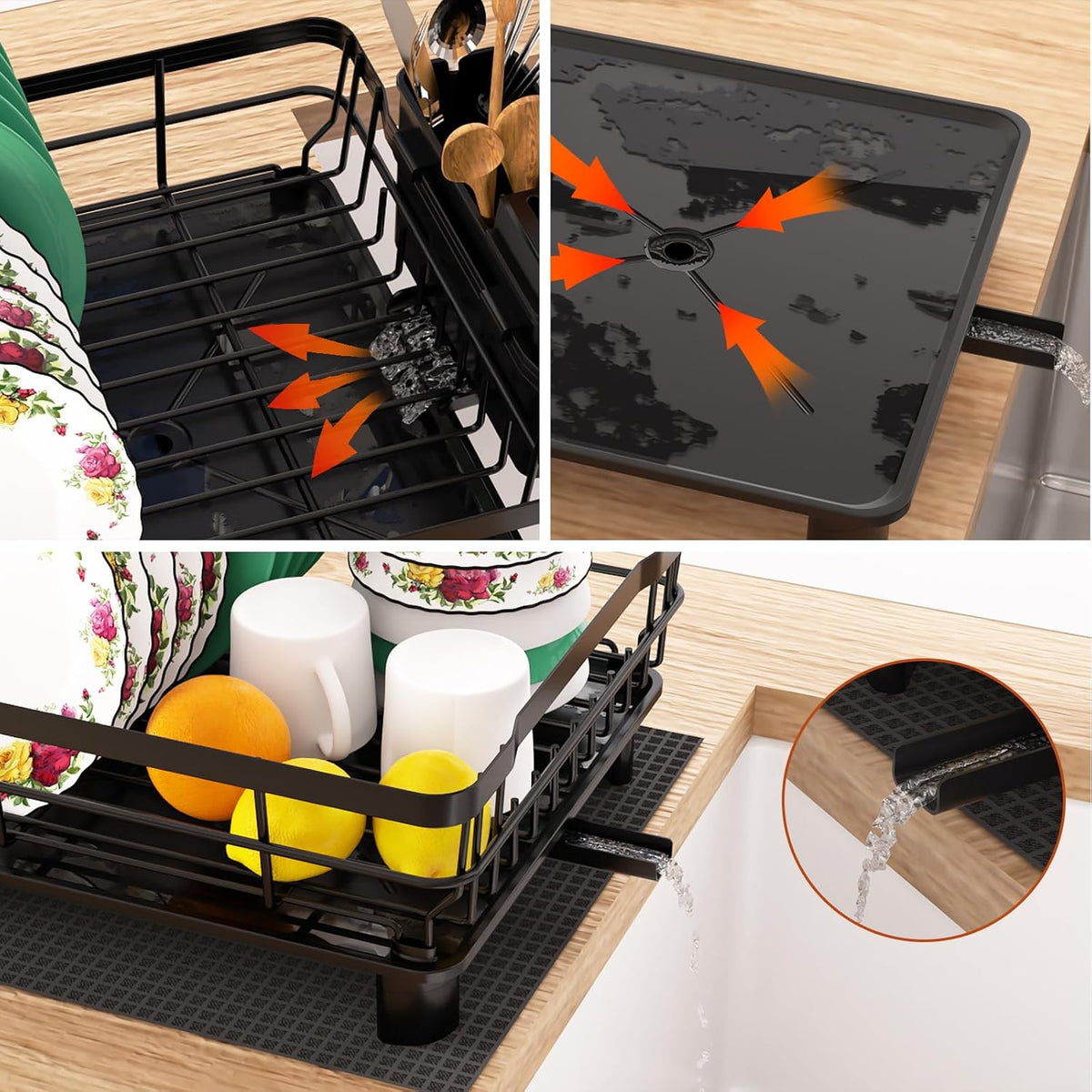 Godboat Dish Drying Rack, Dish Rack with Auto-Drain & Mat, Dish Drainers for Kitchen Counter, Glass Organizer for 4 Cups, 3 Slots Utensil Holder,Gifts for Women Mothers Day, Kitchen Gadgets & Decor