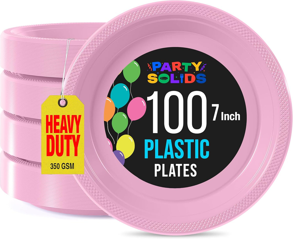 Exquisite Party Solids Pink Plastic Plates For Party 7" Pink Disposable Plates Heavy Duty Supplies 100 Pcs Plastic Dinnerware Sets Heavy Duty 350 GSM Disposable Dinnerware Set