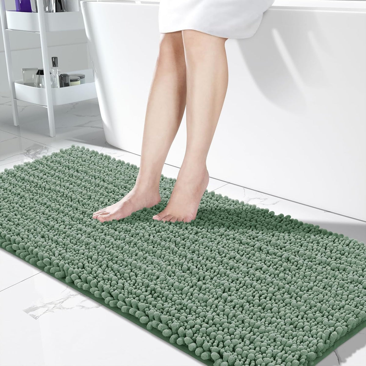 Yimobra Bathroom Runner Rug 60x24 Inch - Extra Long Non Slip Chenille Bath Mat, Soft & Absorbent, Machine Washable Shaggy Hallway Carpet for Vanity Tub Shower, Green Home Decor Accessories