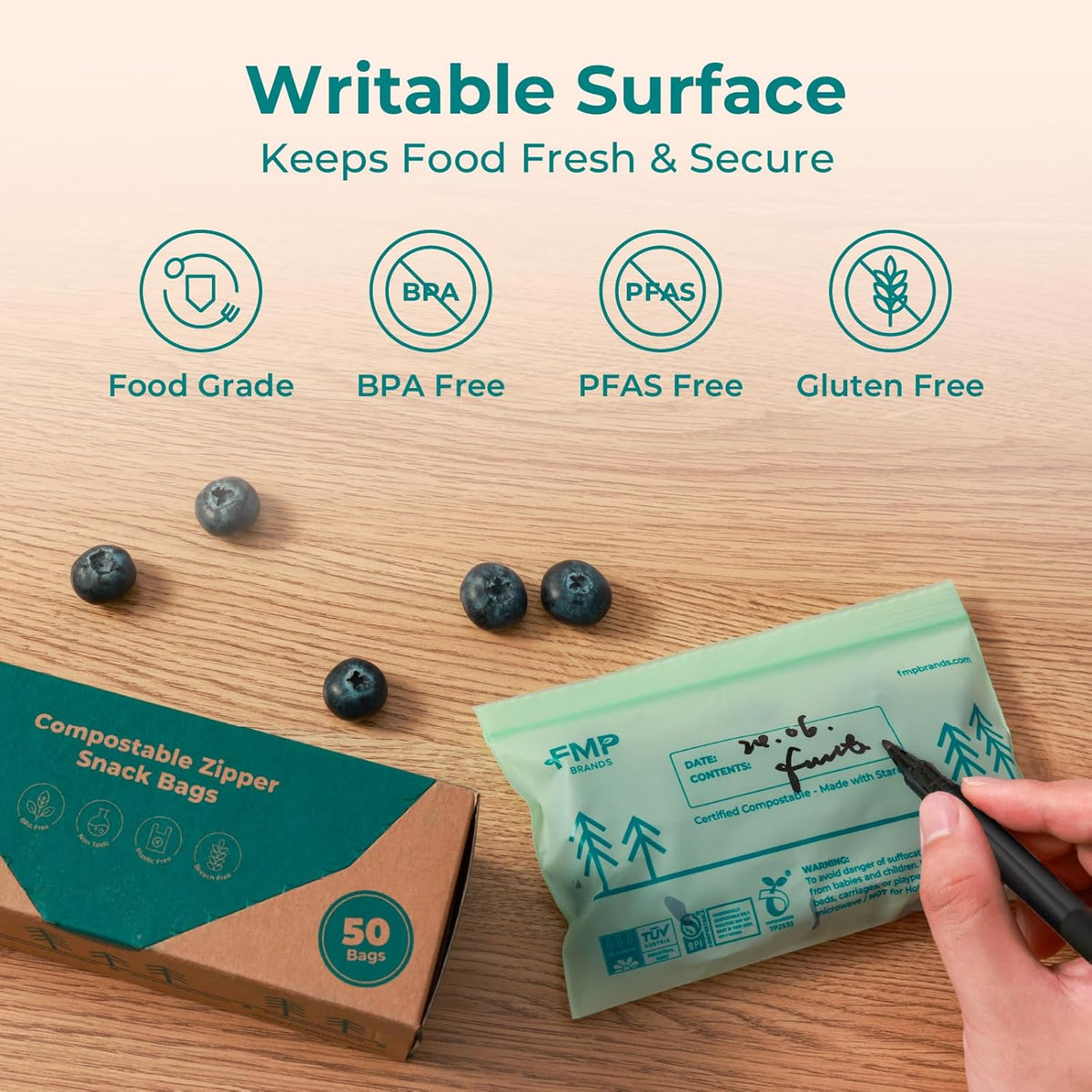 Fit Meal Prep 50 Pack 100% Compostable Snack Bags, 6.5 x 4.1" Resealable Food Storage Bags Snack Size, Plant-Based Freezer Bags for Food, ASTM D6400, US BPI & EU OK Compost Certified