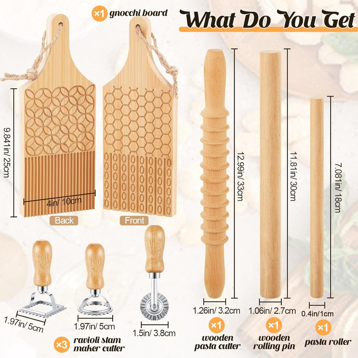 Tioncy 7 Pcs Gnocchi Pasta Making Tool, Wood Gnocchi Board with Ravioli Stamp and Rolling Pin Set Homemade Kitchen Gift for Baking Lovers(Dumpling Style)