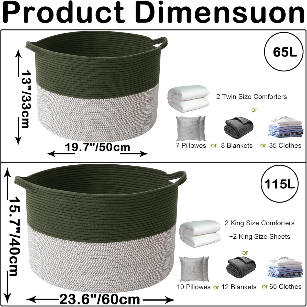 Large Blanket Basket for Organizing,65L Closet Organizers and Storage Bins Box for Shelves Woven Rope Storage Baskets,Living Room,Bedroom,Dorm,Laundry room (Green&White)