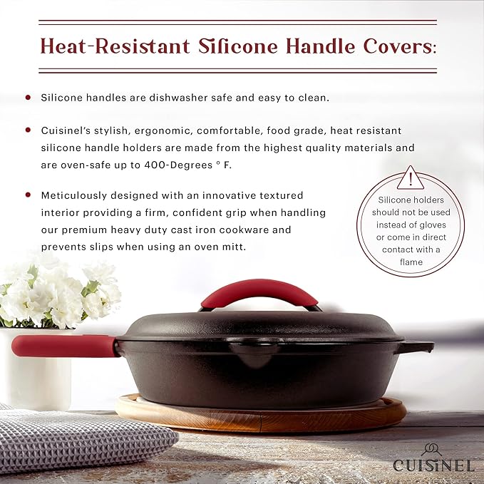 Cuisinel Cast Iron Skillet with Lid - 12"-inch Pre-Seasoned Covered Frying Pan Set + Silicone Handle & Lid Holders + Scraper/Cleaner - Indoor/Outdoor, Oven, Stovetop, Camping Fire, Grill Safe Cookware