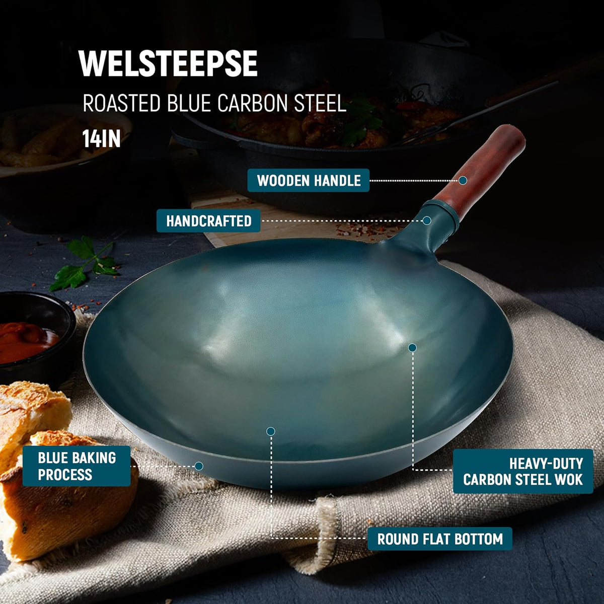 Carbon Steel Wok Traditional Hand Hammered Wok,14 Inch,Round Bottom(Roasted Blue)