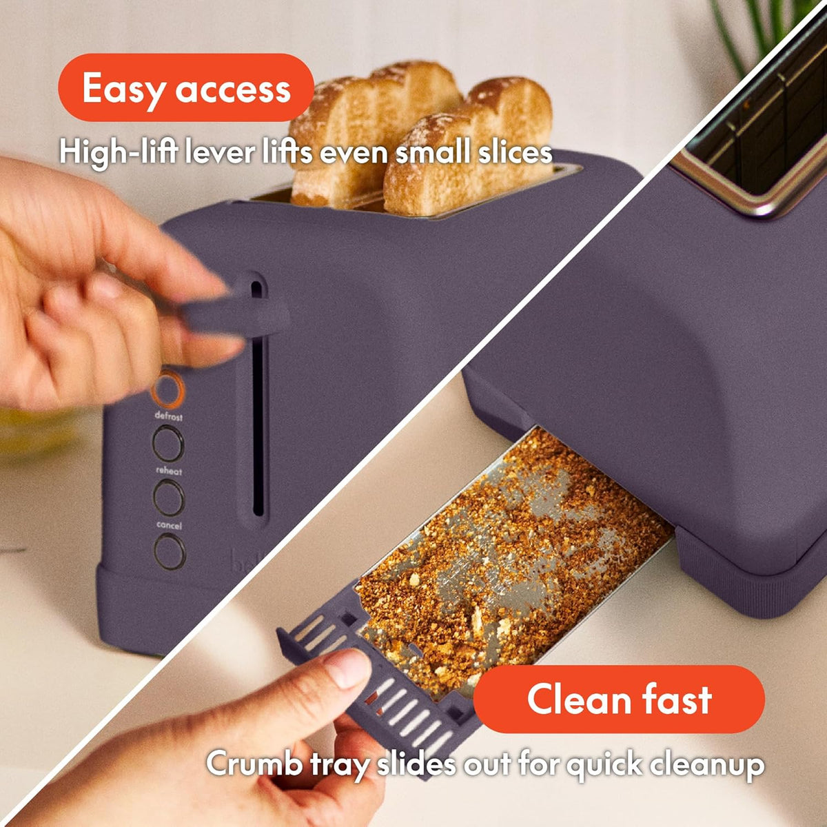 bella 2 Slice Toaster, 6 Setting Shade Control w Reheat, Cancel, Bagel & Defrost Buttons, Removable Crumb Tray, Anti Jam & Auto Shutoff, Auto Centering Guides & Cord Wrap, 900 Watt, Plum