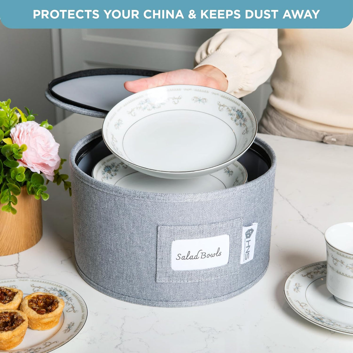 Hard Shell China Storage Containers 8-Piece Set Moving Boxes for Dinnerware, Glasses, Plates, Mugs and Saucers Sturdy Dish Organizer with Dividers for Seasonal Storage - Service for 12 - Gray