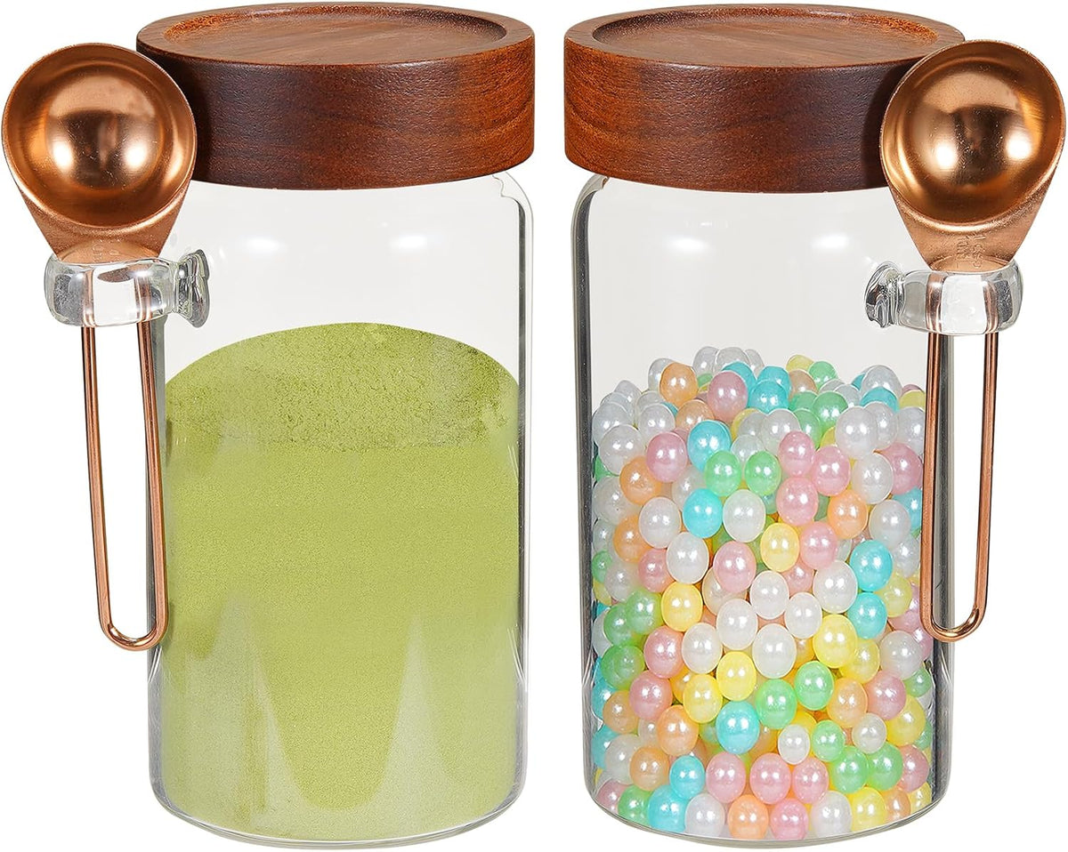 Glass Jars with Spoons Sugar Coffee Canister Round Glass Food Storage Jar for Spice Pantry Tea Coffee Bean Salt (2×550ml(18oz))