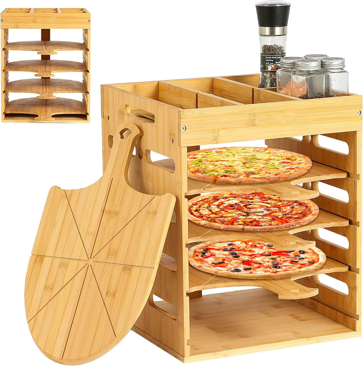 Pizza Peel Rack Stand Wooden, 4 Pack of 12 Inch Pizza Peels Wood Non-Stick, Pizza Peel Rack Holder with Top Storage Free Container Divider, Cutting Grooves for Easy Pizza and Bread Making