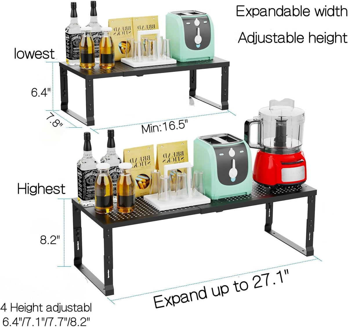 Heavy-Duty Adjustable Metal Shelf Organizer - Expandable & Stackable Pantry Storage Rack for Kitchen, Bathroom, RV, Cabinets(1 Pack/Black, Medium)