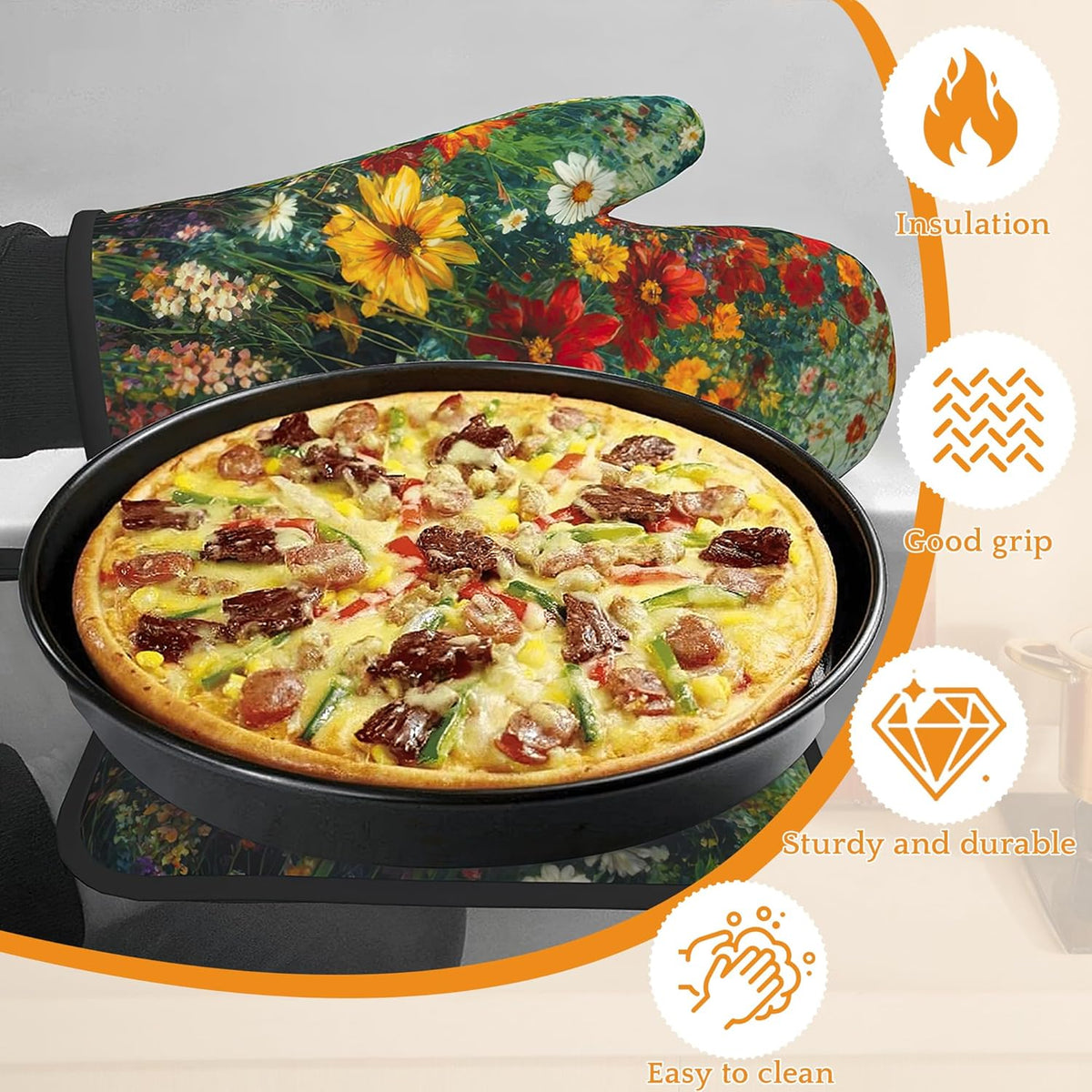 Vintage Flower Fields Oven Mitts and Pot Holders,Heat Resistant Oven Mitts Gloves and Pot Holder for Home Kitchen Decorations Cooking Baking BBQ Gifts,Set of 4