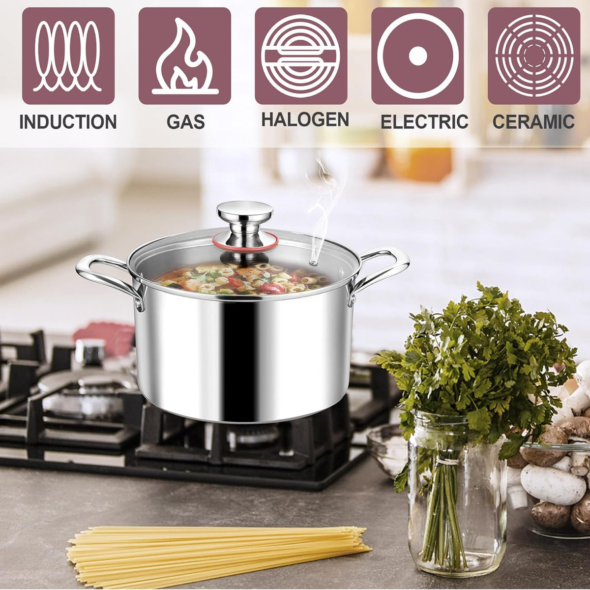 LIANYU 6QT 18/10 Stainless Steel Stockpot with Lid, Tri-Ply Heavy Duty Soup Cooking Pasta Canning Pot, 6 Quart Boiling Strew Simmer Induction Pot, Dishwasher Safe Cookware