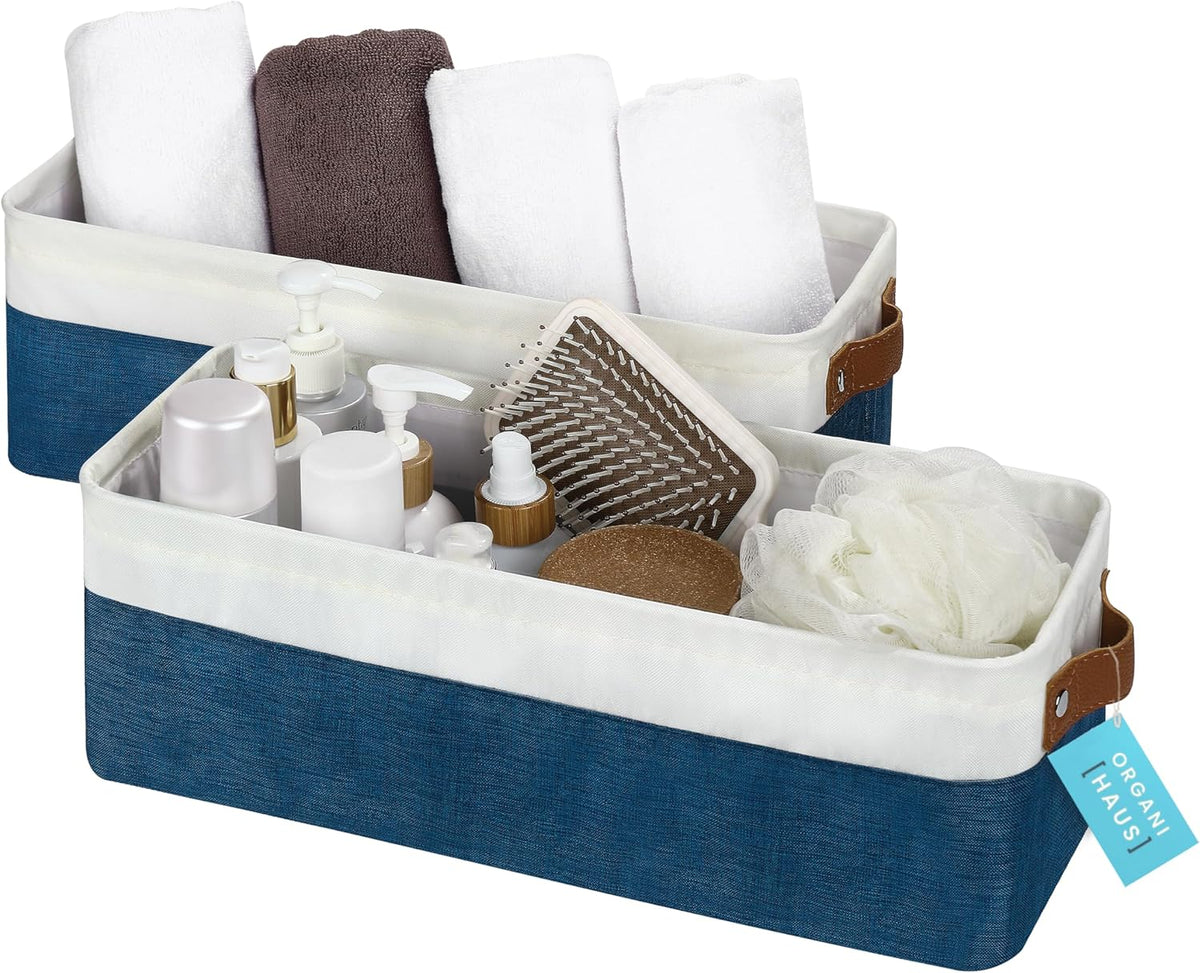 OrganiHaus Narrow Storage Bins 15x06in, Small Closet Bins for Shelves, Bathroom Storage Baskets for Shelves, Narrow Baskets, Fabric Organizer with Handles, Toilet Paper Organizer - 2 Pack, Navy Blue