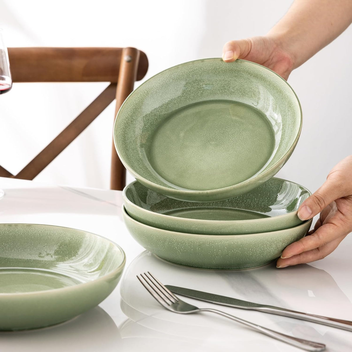 AmorArc 8.5'' Large Ceramic Pasta Bowls Set, 36oz Stoneware Bowls Set of 4 for Kitchen, Reavtive Glaze Bowls-Microwave,Dishwasher Safe for Pasta,Salad,Oatmeal-Olive Green