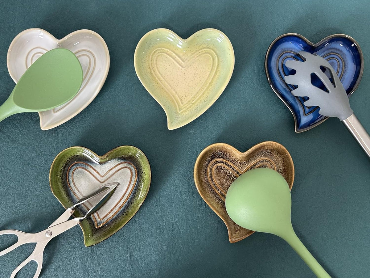 Ceramic Spoon Rest for Stove Top, Heart Cute Spoon Rest for Kitchen Counter, Cooking Spoon Holder for Kitchen Counter, Utensil Rest Spatula Rest Ladle Holder Tong Rest (Yellow Green)