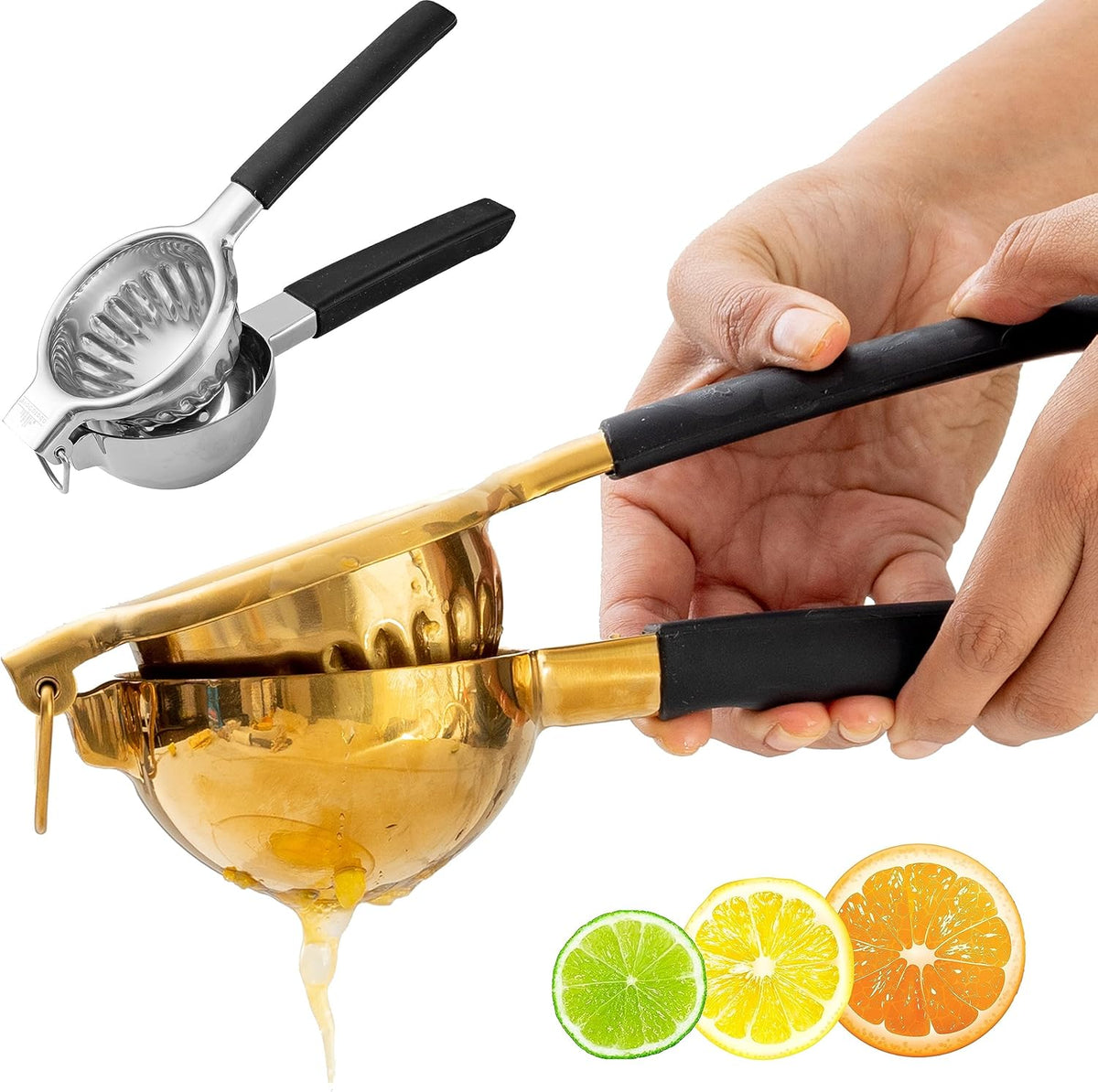 A Bar Above Premium Quality Hand Juicer, for Cocktails, Heavy Duty, Stainless Steel Juicer, Lime, Lemon, and Oranges, Citrus Juicers, for Mixologists and Bars, Fruit Juice Extractor, Gold, 3 Pack