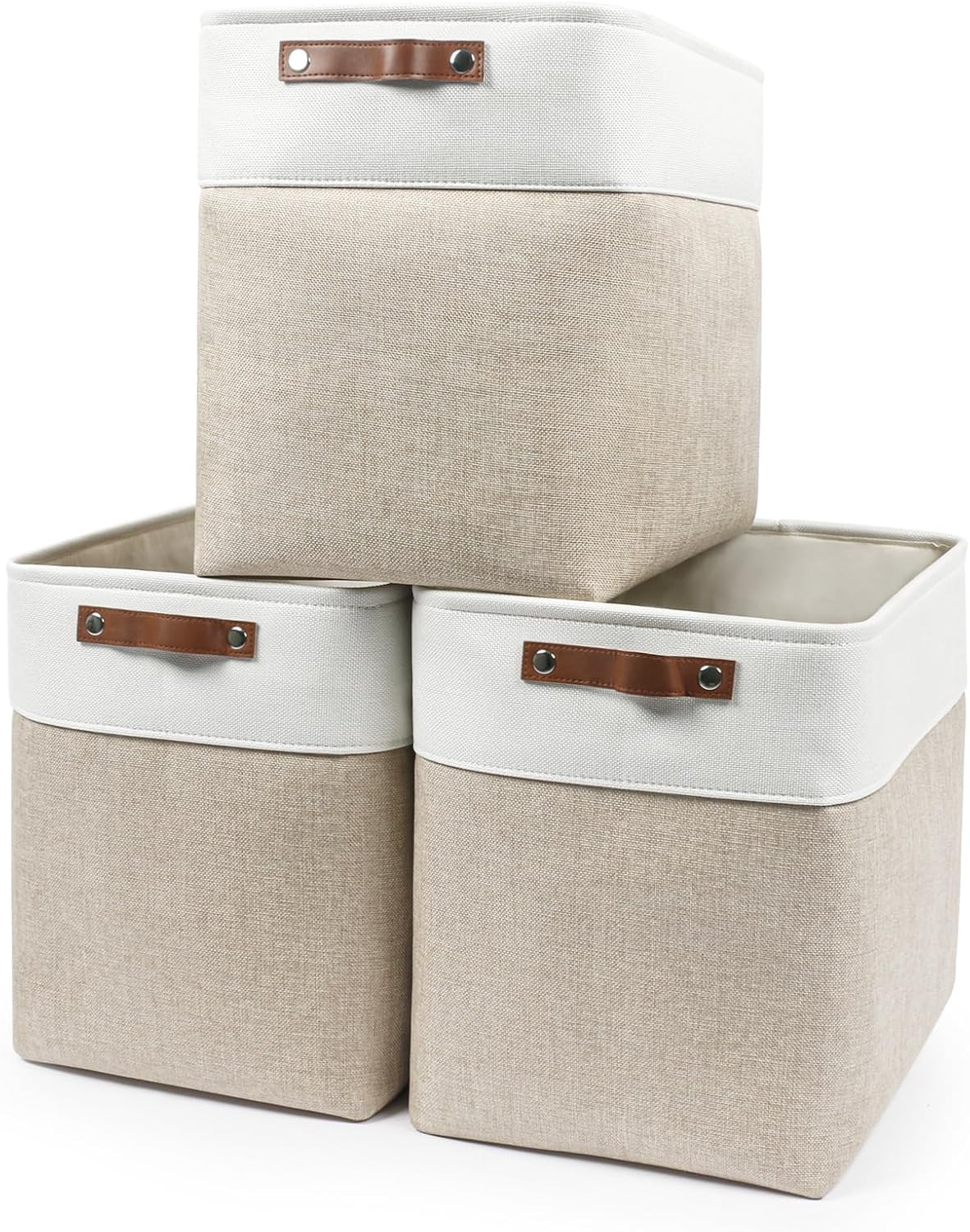 Large Fabric Storage Baskets | 50L Storage Bins, Decorative Linen Closet Baskets with Handles for Organizing, Shelf, Toys, Clothes, Home, Office, Nursery, 17x12x15Inches (Beige&White)