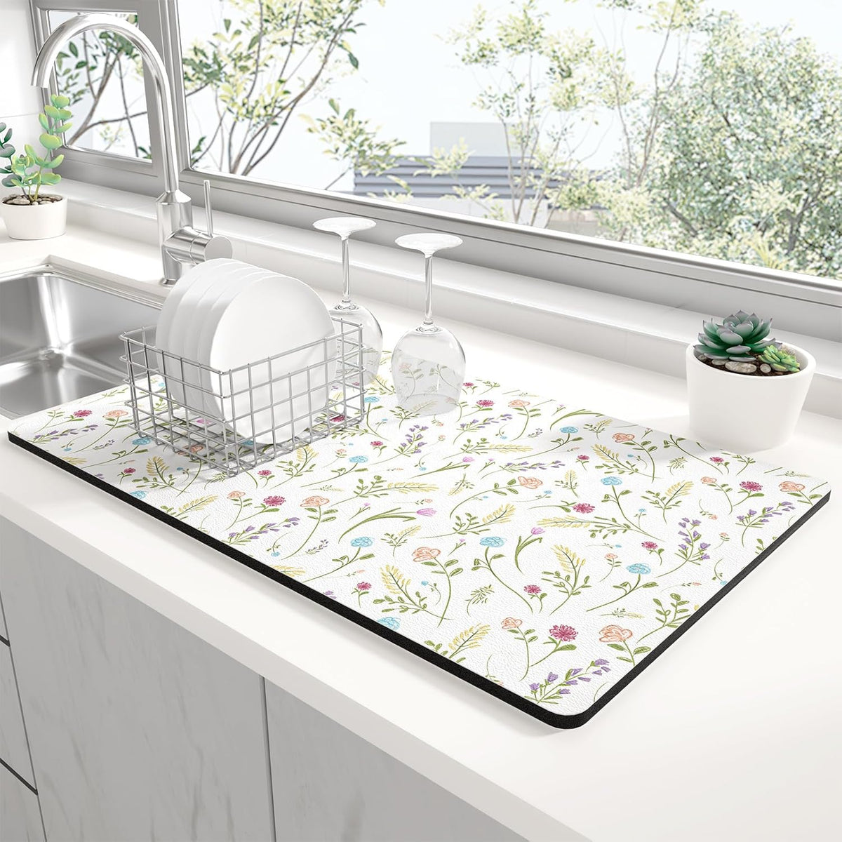 Rnivvi Dish Drying Mat for Kitchen Counter, XL 15 x 24" Cute Flower Theme Absorbent Draining Pad, Non-Slip Heat Resistant Coffee Bar Mat for Coffee Machine Station Accessories, White Dish Rack Pad