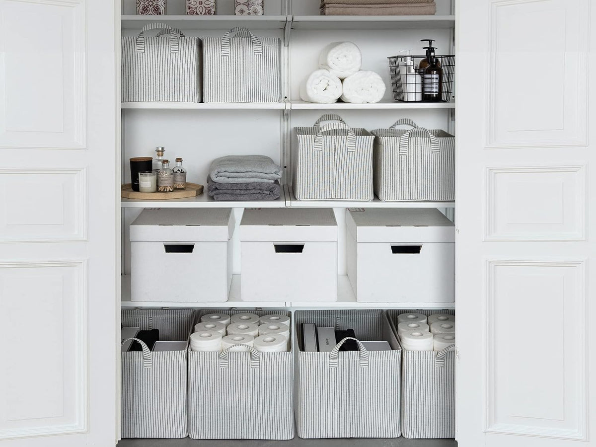 StorageWorks 45L Large Storage Bins for Closet and Shelves, Fabric Organizer Baskets with Metal Frame for Clothes, Towels, Collapsible Storage Basket, Gray and White Stripes, 2-Pack