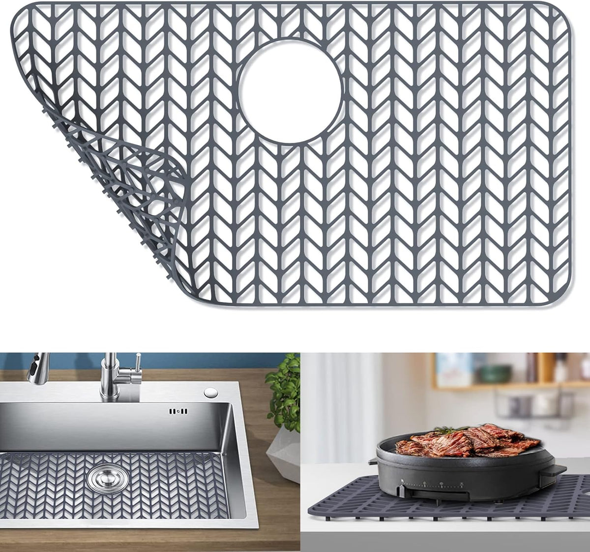GUUKIN Sink Protectors for Kitchen Sink, 26''x 14'' Silicone Kitchen Sink Mat Grid for Bottom of Farmhouse Stainless Steel Porcelain Sink with Rear Drain (Grey)