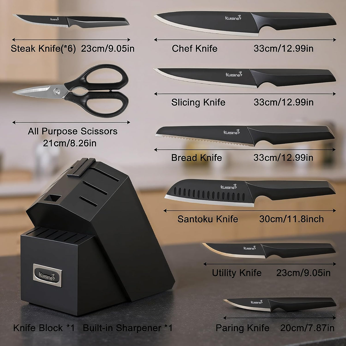 KUISINE Chef Knife Set One Piece Molding High Carbon Stainless Steel,Super Sharp Blade Ergonomic Steel Handle,Knife Block Set with Built-in Sharpener(EX Black Pro,15PCS)
