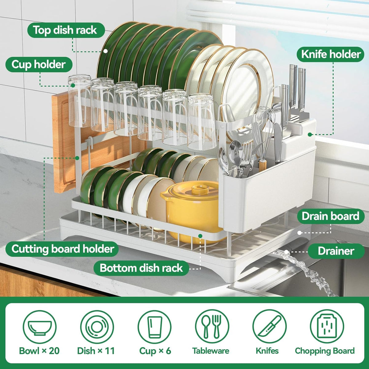 2-Tier Dish Drying Rack with Drainboard, Sink & Countertop Metal Dish Rack Organizer, Dish Drainers for Kitchen Counter, White Dish Racks