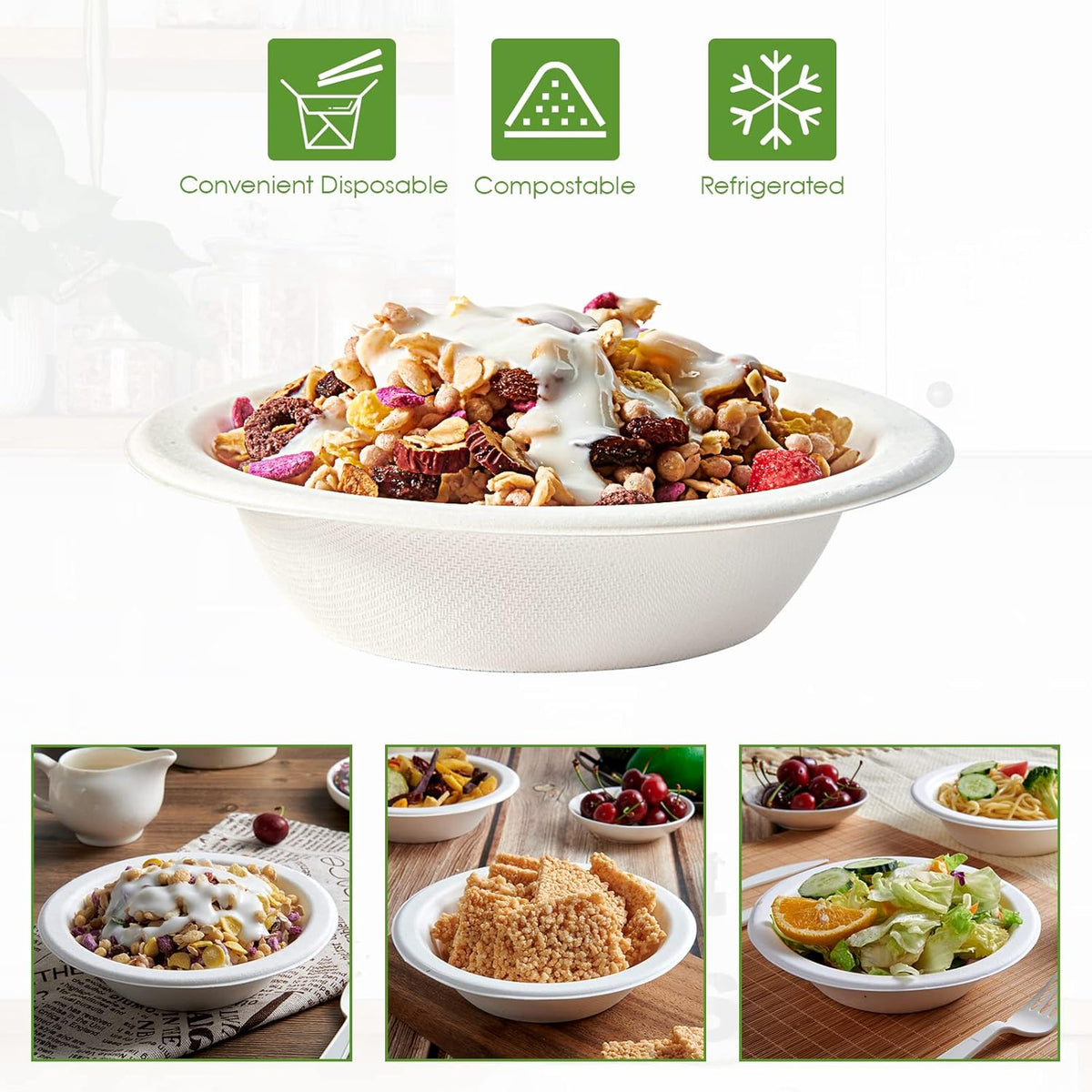 Vplus 200 Pack 12 OZ Paper Bowls, Disposable Compostable Bulk, Eco-friendly Bagasse, Heavy-duty Bowls Perfect for Milk Cereals, Snacks, Salads