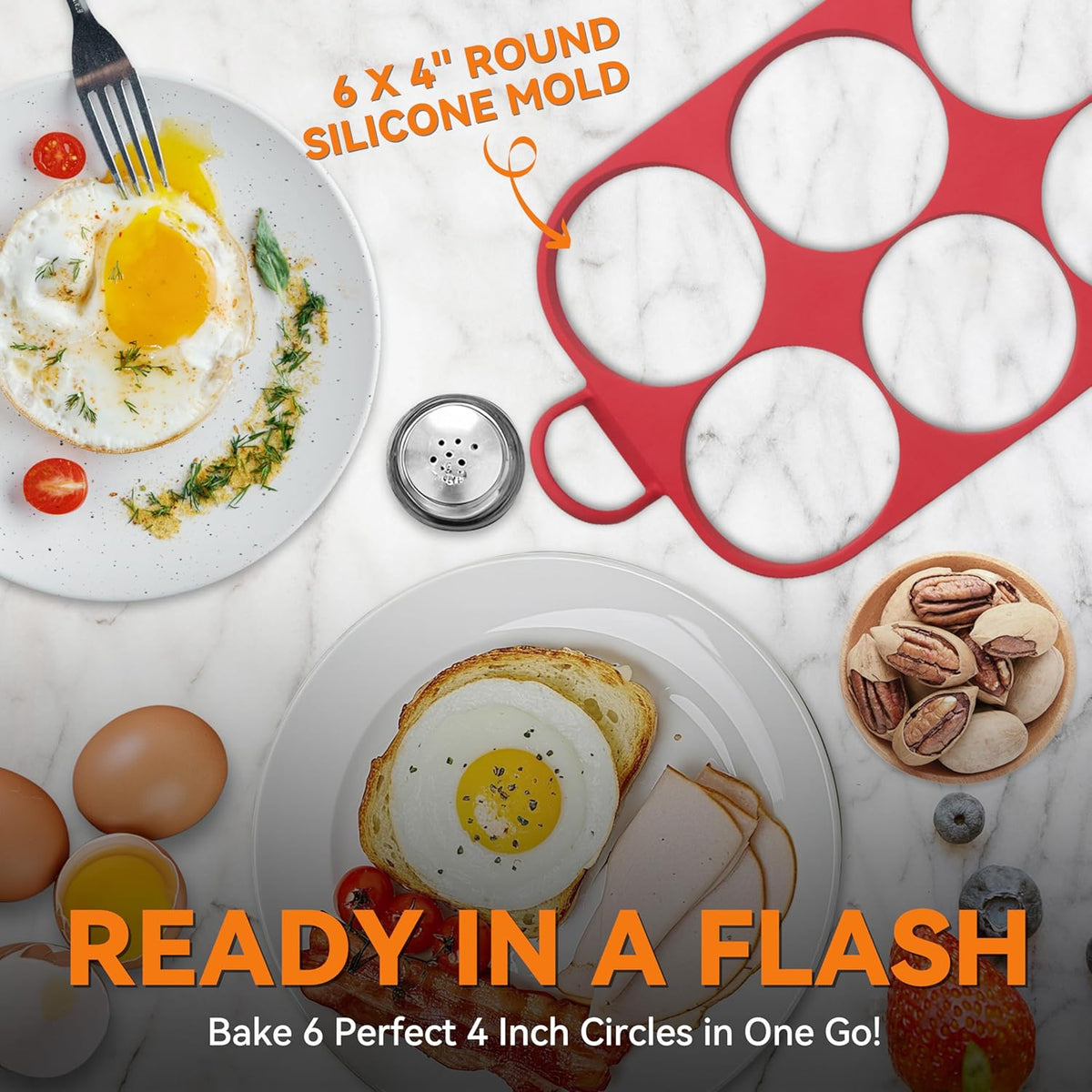 Baker's Friend 6 Round Silicone Egg Rings for Frying Eggs & Pancake, Non-Stick & Heat-Resistant, Ergonomic Handles, Omelette Ring for Griddle, 4 Inch, Red