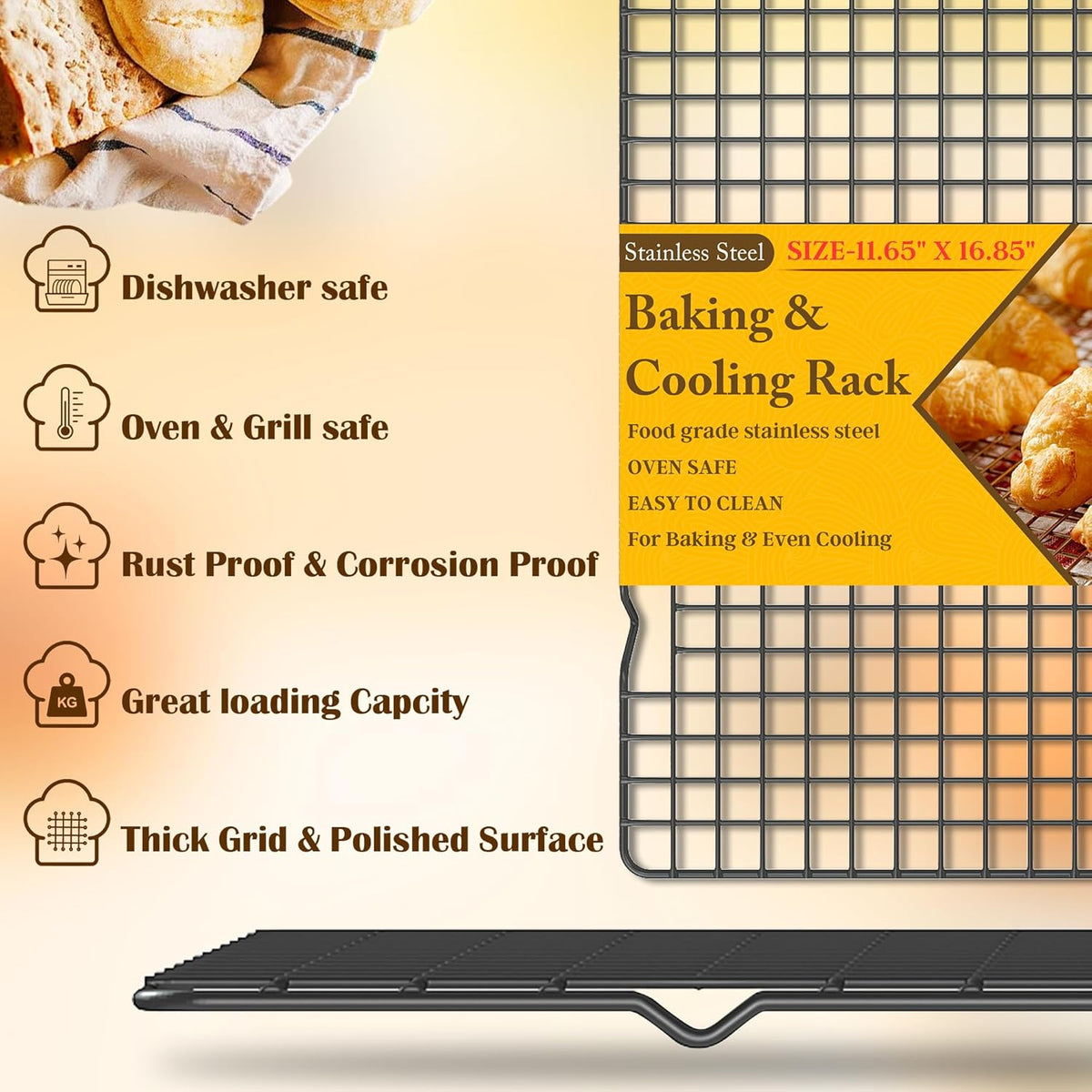 2PCS Cooling Racks for Cooking and Baking -11.65''x16.85''Heavy Duty Stainless Steel Wire Rack for Baking, Grilling, Roasting - Oven & Dishwasher Safe - Fits Half Sheet Pan（Black）