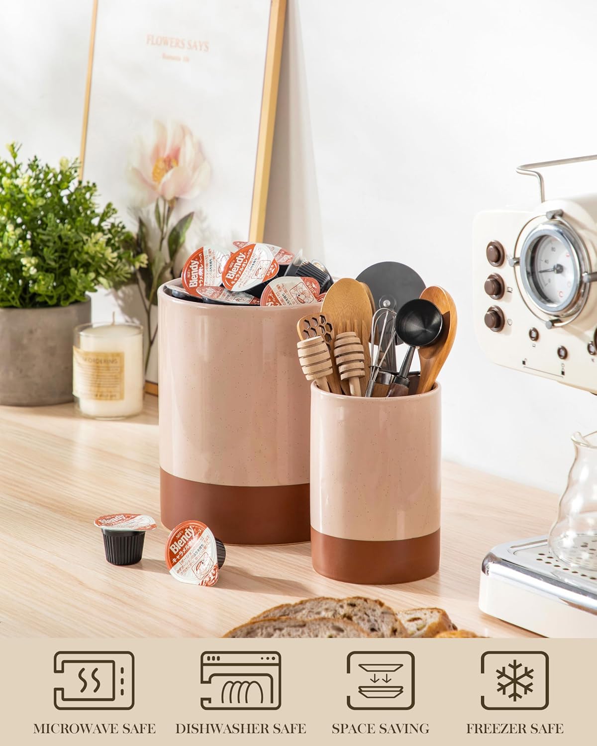 MALACASA Utensil Holder, 7.3"+5.5" Ceramic Kitchen Utensil Holder for Countertop, Large Cooking Utensil Crocks for Kitchen Counter, Farmhouse Utensils Organizer, Set of 2, Khaki Pink, Series TARA