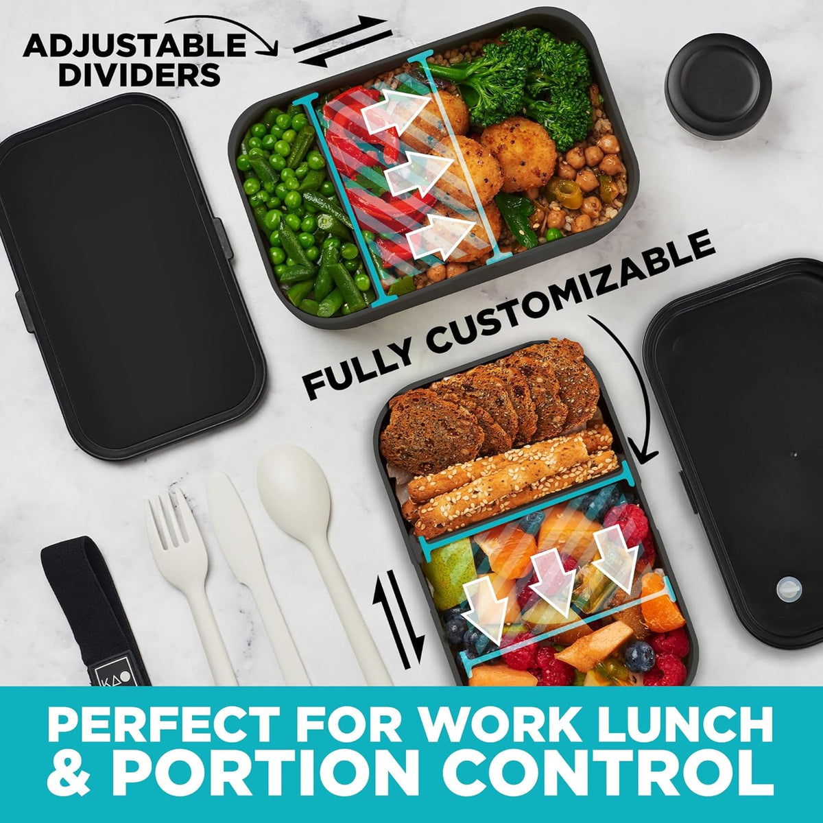 Double Premium Bento Box Adult, 67 fl oz BPA-Free - Black Stackable Lunch Box with Leak-Proof Lids & Dividers, Perfect for Meal Prep, Lunches & Portion Control