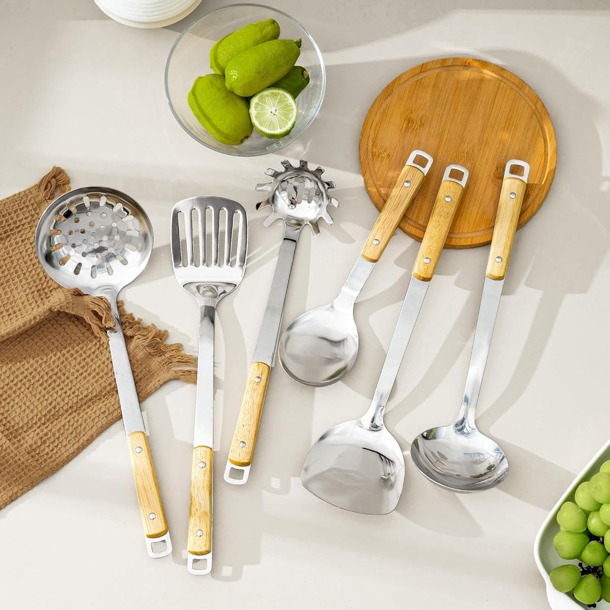 FJNATINH Cooking Utensils - Spatula, Ladle, Skimmer Spoon, Slotted Spatula - 4 Pieces Stainless Steel Wok Utensils Set for Carbon Steel