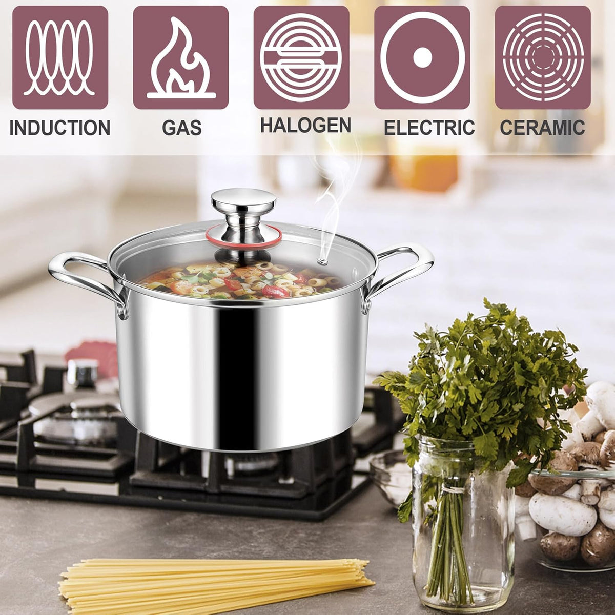 LIANYU 8QT 18/10 Stainless Steel Stock Pot with Lid, 8 Quart Stockpot with Triple Ply, Heavy Duty Big Cooking Pasta Soup Canning Induction Pot for Boiling Strew Simmer